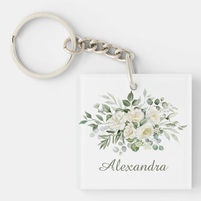 White Floral Custom Bridesmaid Favour  Keychain (Front)