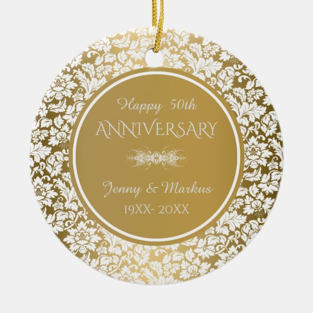 White Floral Damask- 50th Wedding Anniversary Ceramic Ornament (Front)