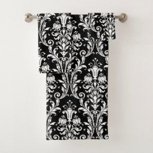White Floral Damask On Black Bath Towel Set