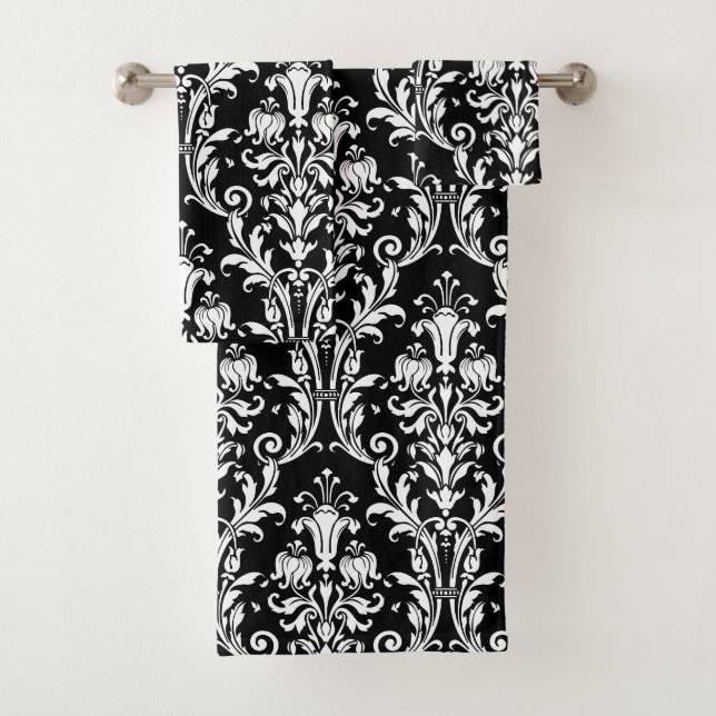 White Floral Damask On Black Bath Towel Set (Insitu)