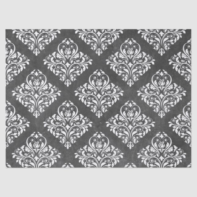 White Floral Damask on Grey Decoupage Tissue Paper (Front)