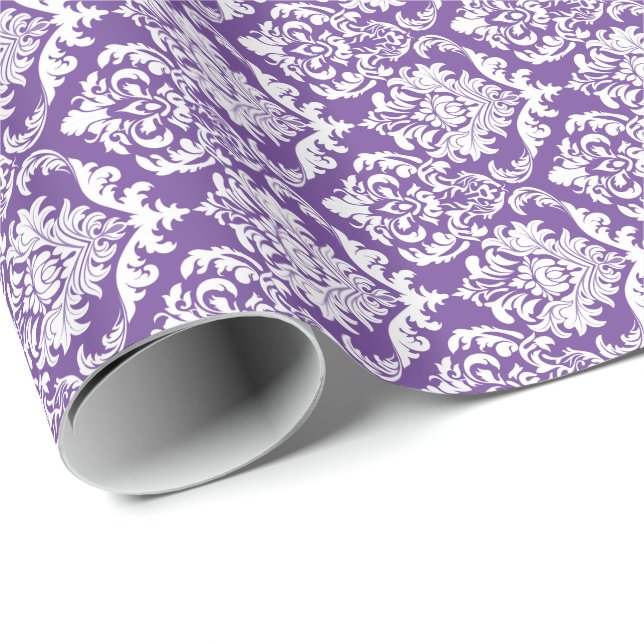 White Floral Damasks 2 Purple Background Wrapping Paper (Roll Corner)