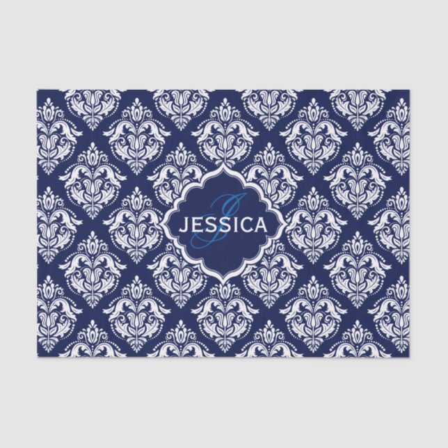 White Floral Damasks & Blue Background Tissue Paper (Front)