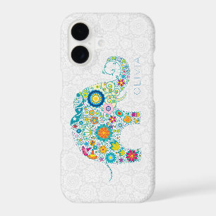 White Floral Damasks Colourful Floral Elephant