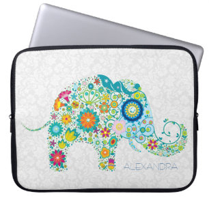 White Floral Damasks Colourful Floral Elephant Laptop Sleeve
