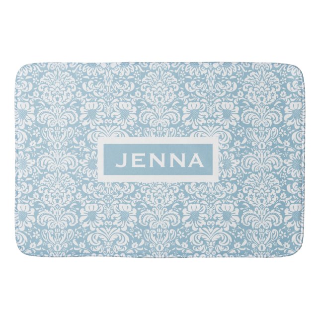 White Floral Damasks Custom Baby Blue Background Bath Mat (Front)