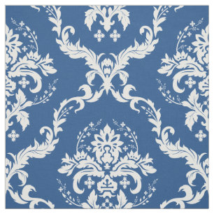 White Floral Damasks Custom Blue Background Fabric