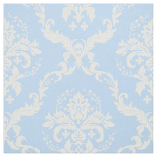White Floral Damasks Custom Light Blue Background Fabric