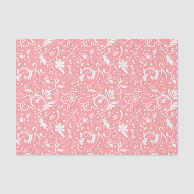 White Floral Damasks Custom Pink Background Tissue Paper (Front)
