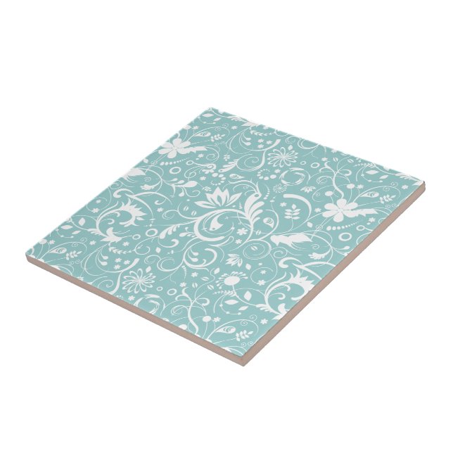 White Floral Damasks Over Teal-Blue Background Tile (Side)