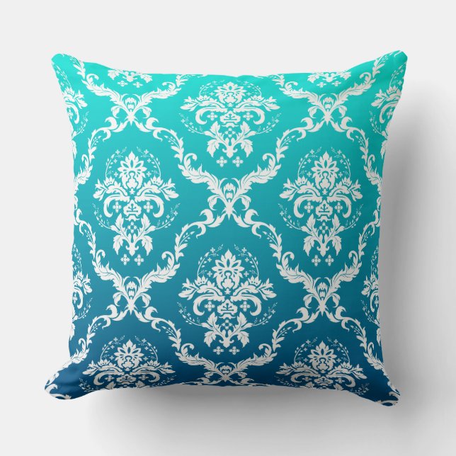 White Floral Damasks Over Turquoise Gradient Throw Pillow (Front)