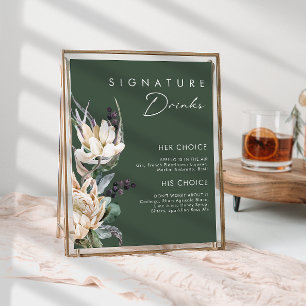 White Floral Dark Green Signature Drinks Sign