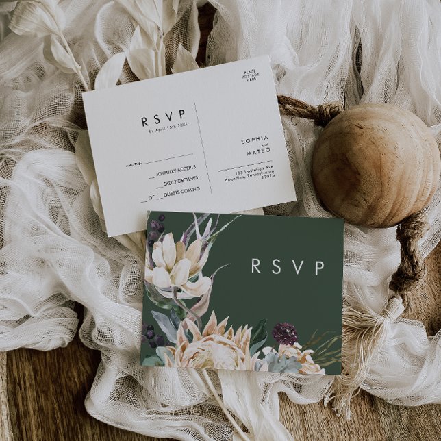 White Floral | Dark Green Wedding RSVP Postcard (Creator Uploaded)