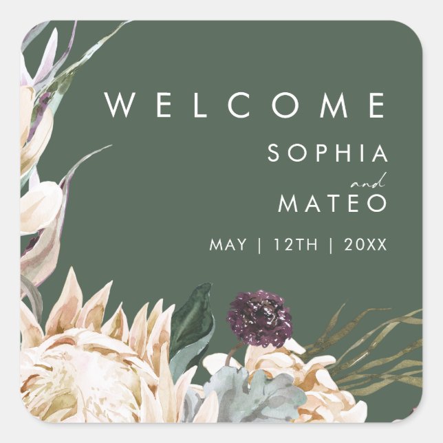 White Floral | Dark Green Wedding Welcome Square Sticker (Front)