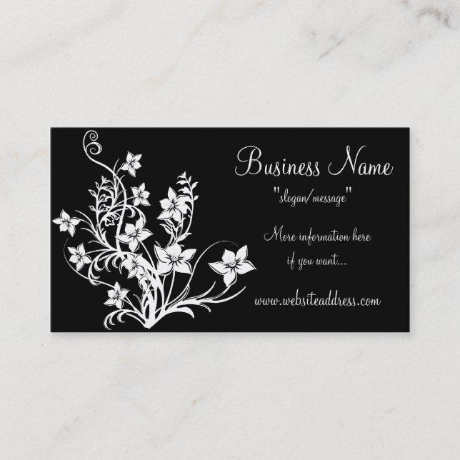 White Floral Design on Black Business Cards (Front)