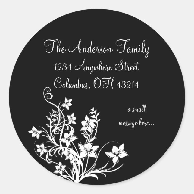 White Floral Design on Black Return Address Labels (Front)