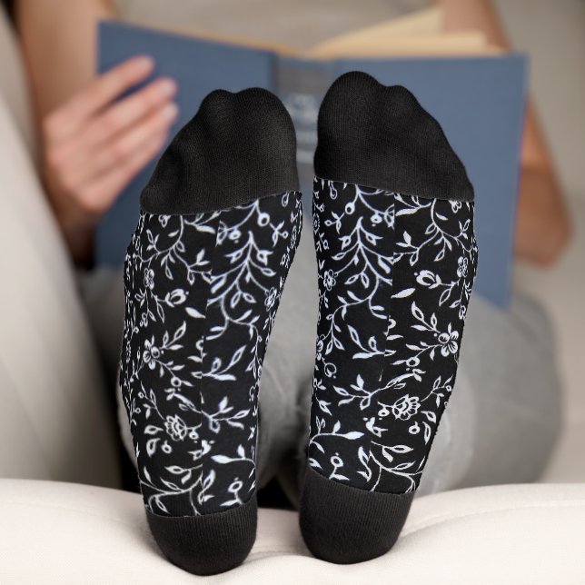 White floral design on black socks (Bottom)