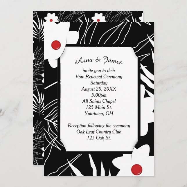White Floral Design On Black Wedding Invitation (Front/Back)