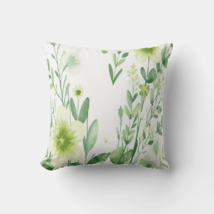 White Floral Design with Green Botanical Pattern Throw Pillow