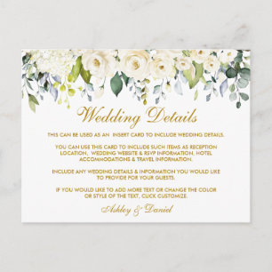 White Floral Dusty Blue Gold Wedding Details Card