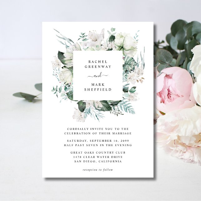 White Floral Dusty Blue Greenery Elegant Wedding Invitation (Creator Uploaded)