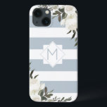 White Floral Dusty Blue Striped Framed Monogram iPhone 13 Case<br><div class="desc">White Floral Dusty Blue Striped Framed Monogram Design. Trendy and stylish, just add your personalized initial letter. Makes a modern an classy gift for her, moms, grandmothers, aunts, girlfriends, and more. This Feminine Elegant and girly look pairs Dusty Blue Grey and white horizontal stripes, with vintage white roses, flowers, and...</div>