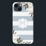 White Floral Dusty Blue Striped Framed Monogram iPhone 13 Case<br><div class="desc">White Floral Dusty Blue Striped Framed Monogram Design. Trendy and stylish, just add your personalized initial letter. Makes a modern an classy gift for her, moms, grandmothers, aunts, girlfriends, and more. This Feminine Elegant and girly look pairs Dusty Blue Grey and white horizontal stripes, with vintage white roses, flowers, and...</div>
