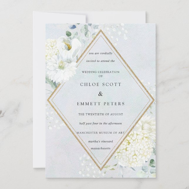 White Floral Dusty Blue Watercolor Wedding Invitation (Front)