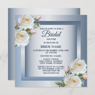 White Floral Elegant Blue Gray Bridal Shower Invitation