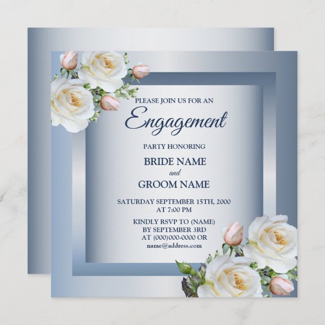 White Floral Elegant Blue Gray Engagement Party Invitation (Front/Back)
