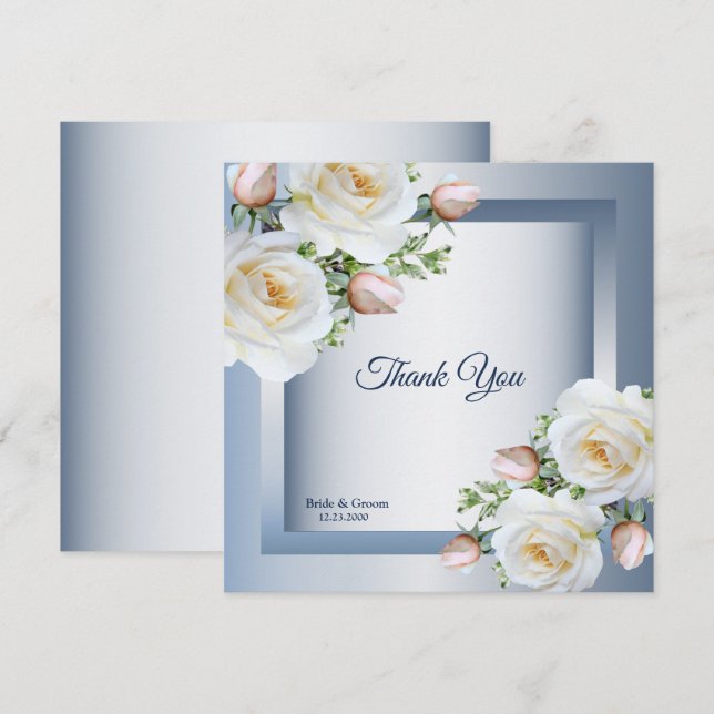 White Floral Elegant Blue Gray Thank You Card (Front/Back)