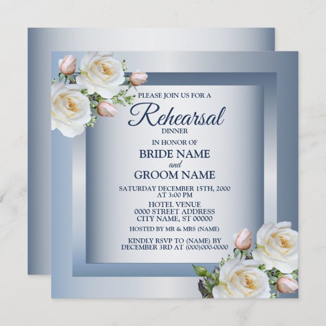 White Floral Elegant Blue Grey Rehearsal Dinner Invitation (Front/Back)