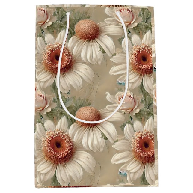 White Floral Elegant Daisies Medium Gift Bag (Front)