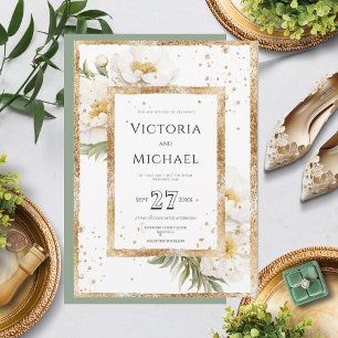 White Floral Elegant Gold Wedding Invitation