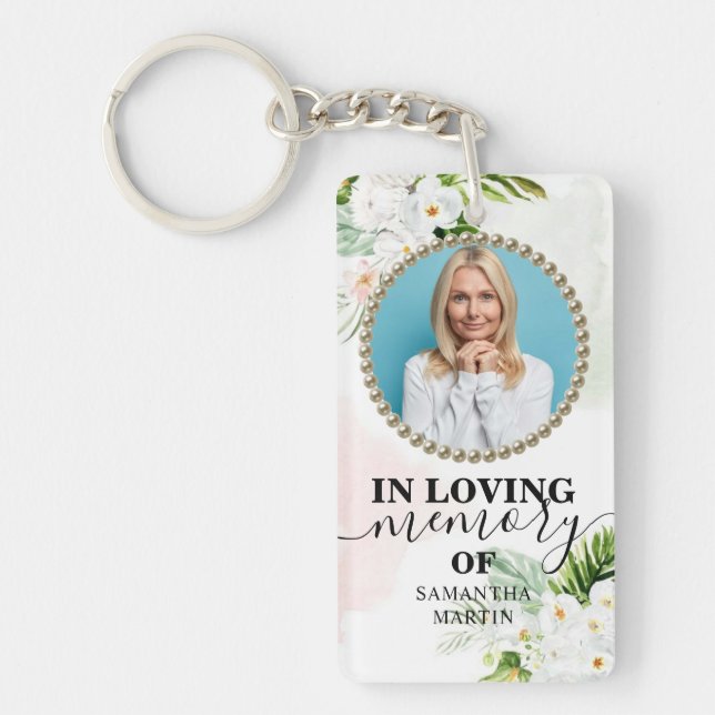 White Floral Elegant Memorial Gift Keychain (Front)