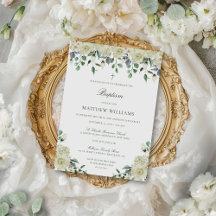 White Floral Elegant Neutral Baptism Invitation