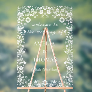 White Floral Elegant Wedding Welcome Transparent Acrylic Sign