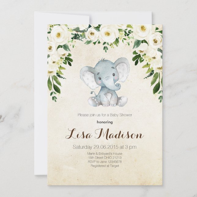 White Floral elephant Baby Shower Invitation (Front)