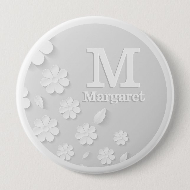 White floral embossed name initials personalized   4 inch round button (Front)
