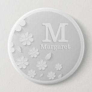 White floral embossed name initials personalized 4 inch round button