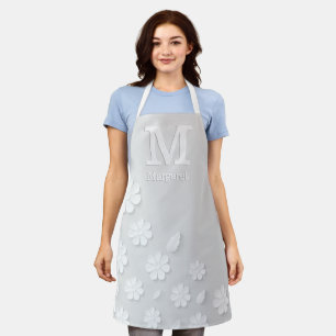 White floral embossed name initials personalized apron
