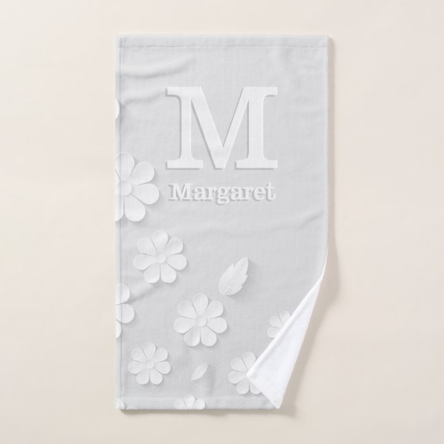 White floral embossed name initials personalized  bath towel set (Hand Towel)