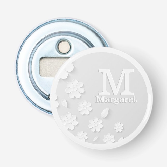 White floral embossed name initials personalized bottle opener (Front)