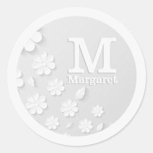 White floral embossed name initials personalized classic round sticker