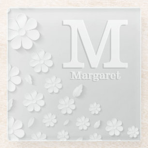 White floral embossed name initials personalized glass coaster