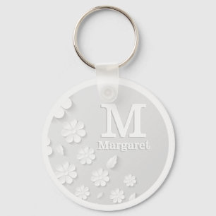White floral embossed name initials personalized  keychain