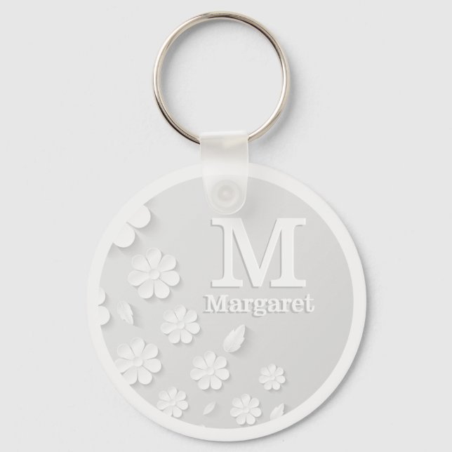 White floral embossed name initials personalized  keychain (Front)