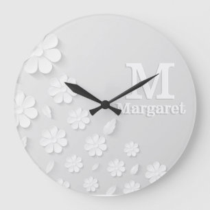 White floral embossed name initials personalized large clock