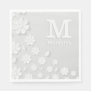 White floral embossed name initials personalized  napkin