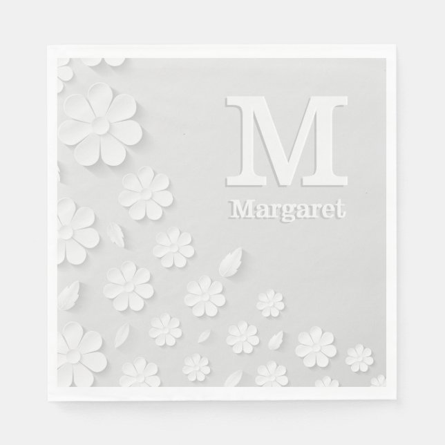 White floral embossed name initials personalized  napkin (Front)